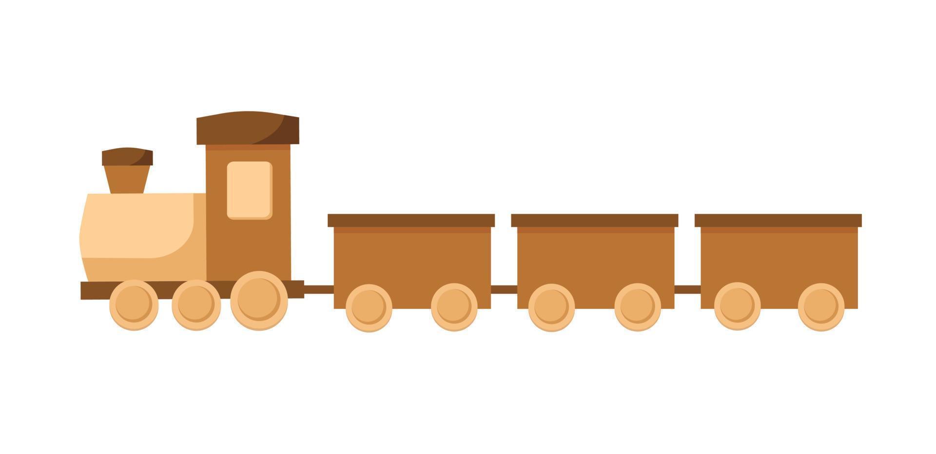 Wooden train toy isolated. Wooden child locomotive with wagons. vector