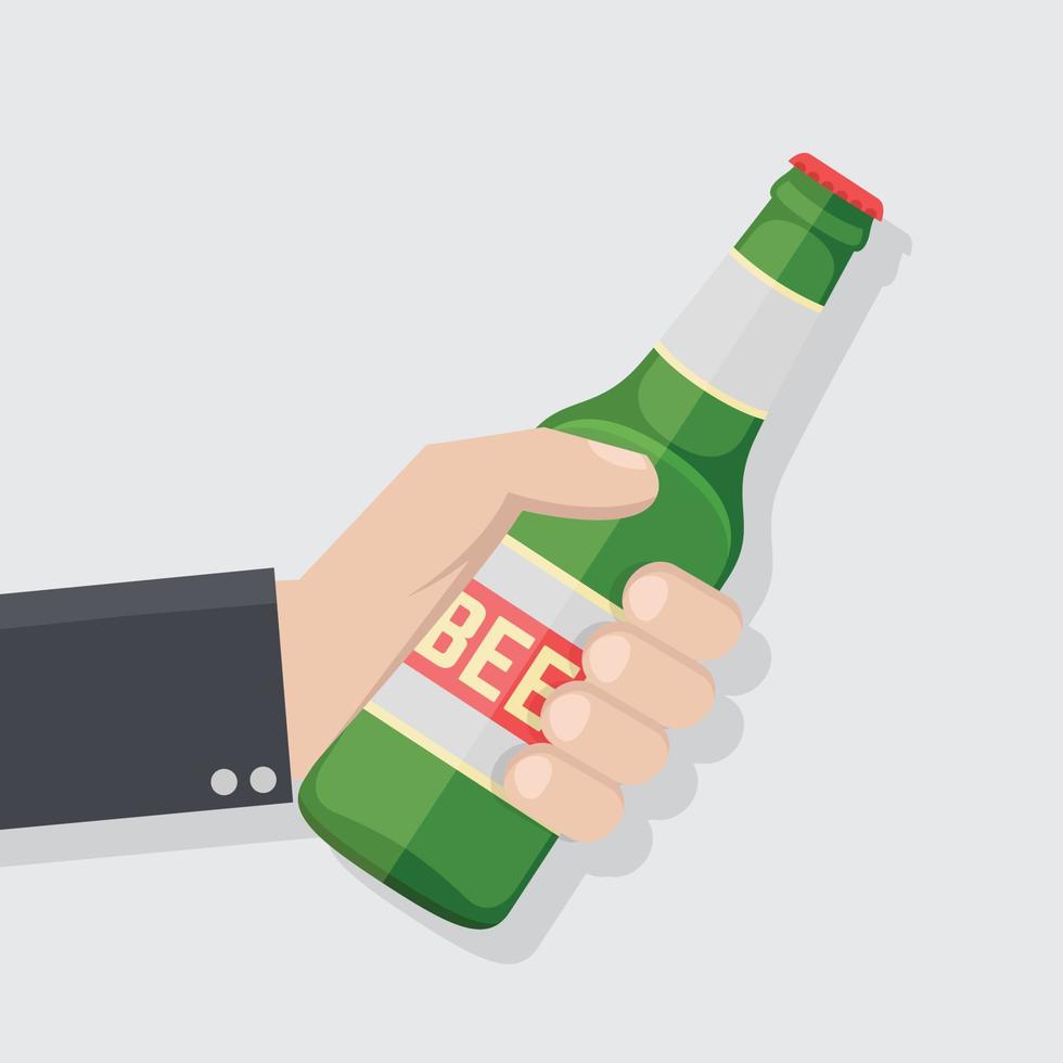 Hand holding bottle of beer in flat style. Concept for beer festivals and parties. Cheers. vector