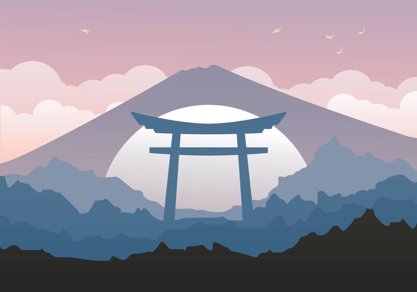 Japanese Landscape beautful background with mountains and Torii. Traditional Japanese gate background with clouds. Postcard Template. vector