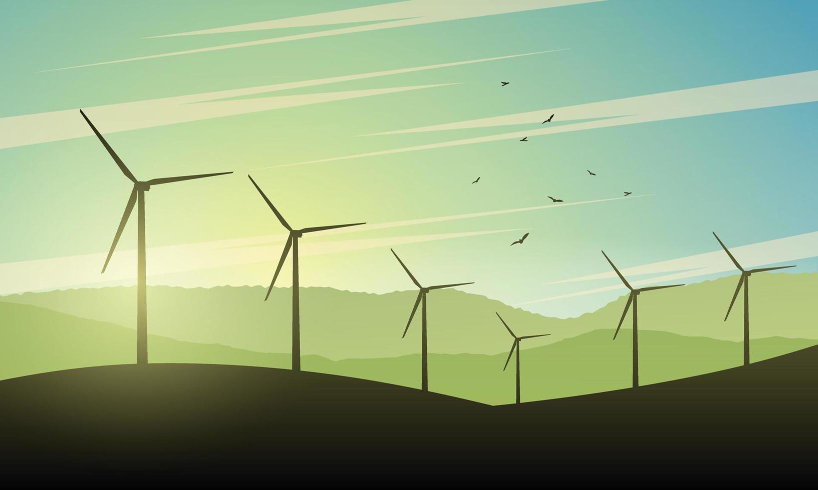 hermosa paisaje ilustración con viento turbinas a puesta de sol. verde poder de futuro. energía concepto antecedentes con viento turbina. vector