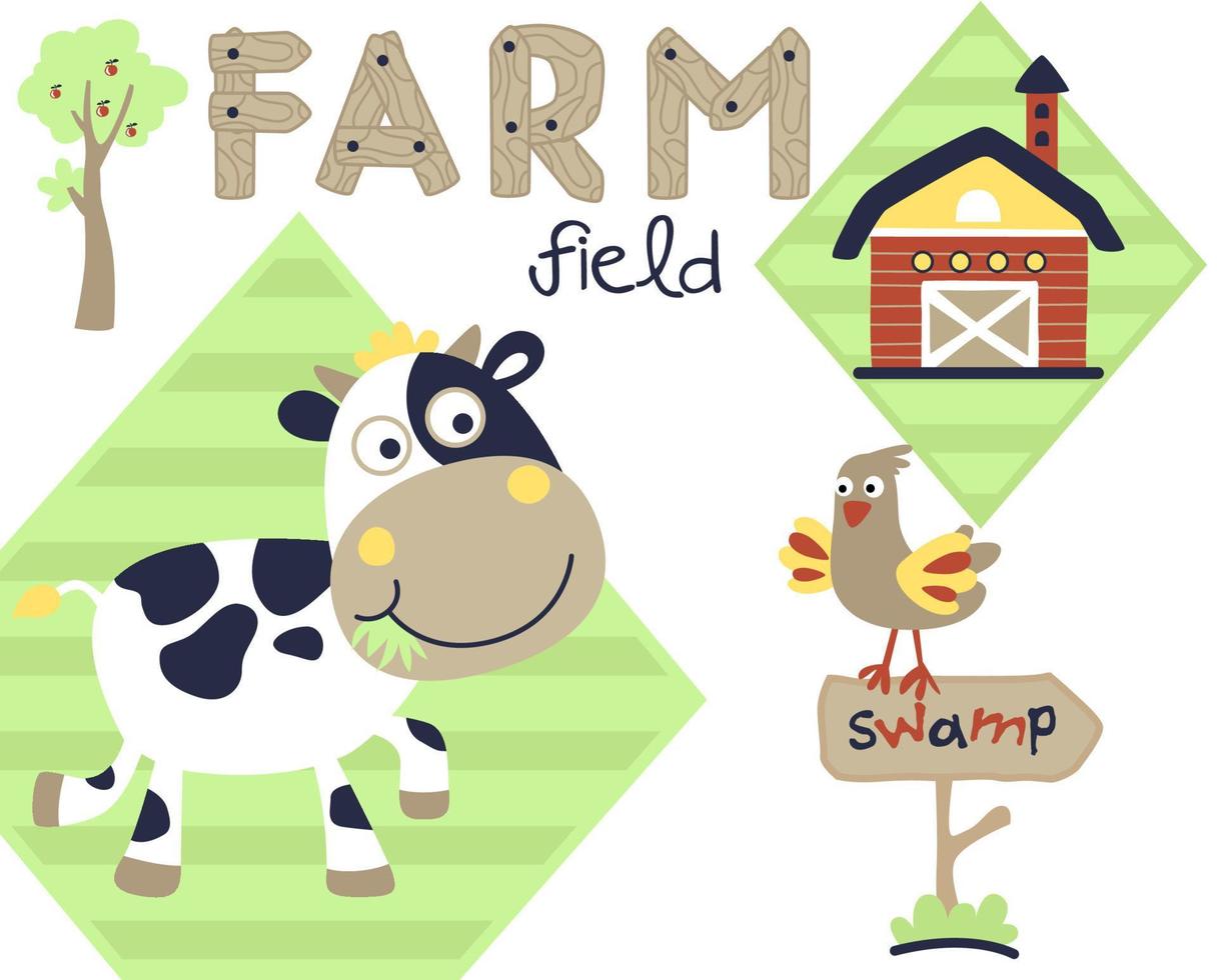 Funny cow with chicken and barn, farming element, vector cartoon illustration