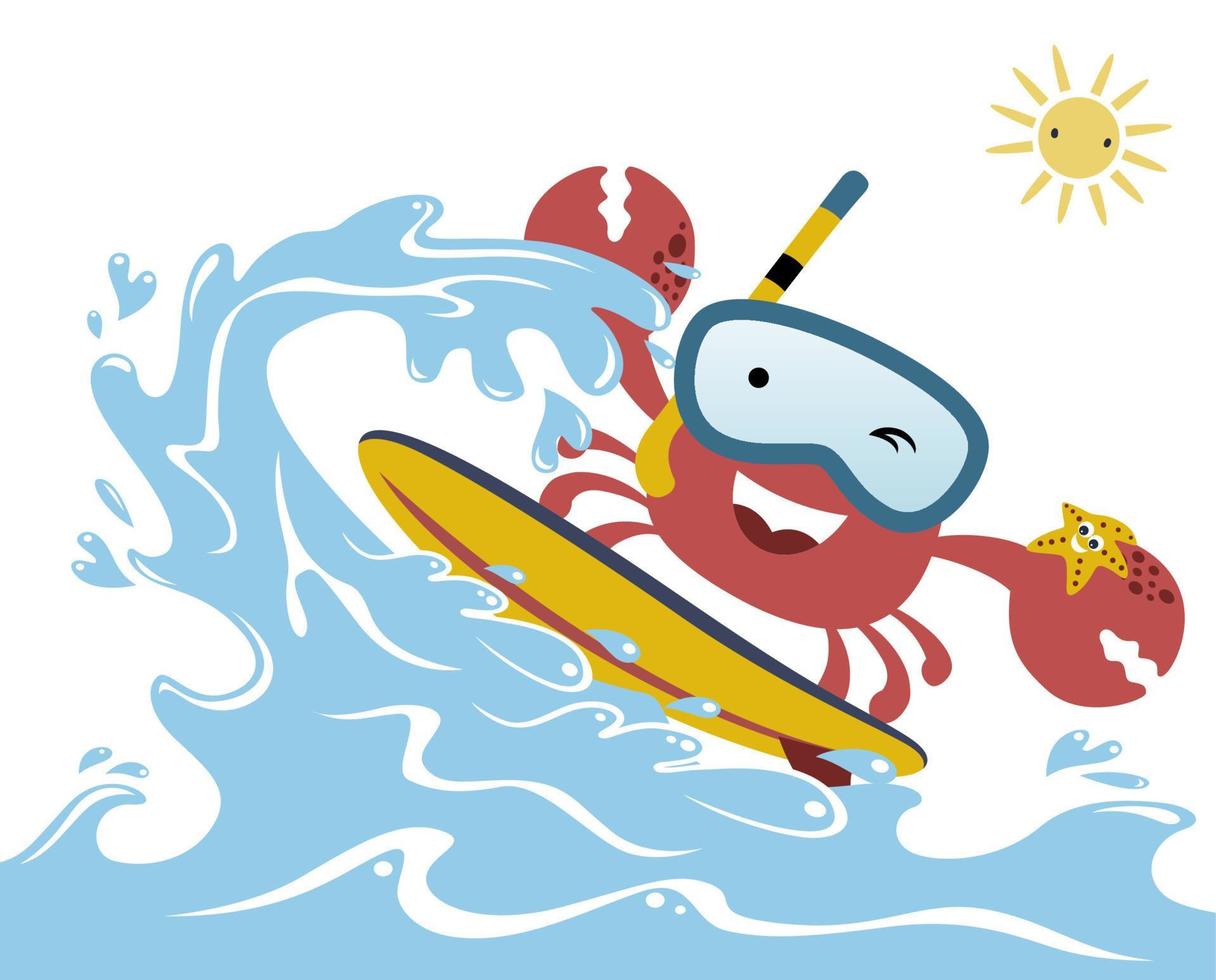 Funny crab wearing diving goggles surfing with little starfish, vector cartoon illustration