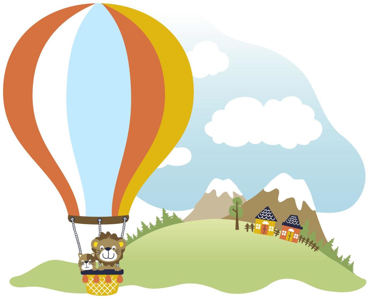 Funny lion with cat on hot air balloon on landscape background, vector cartoon illustration