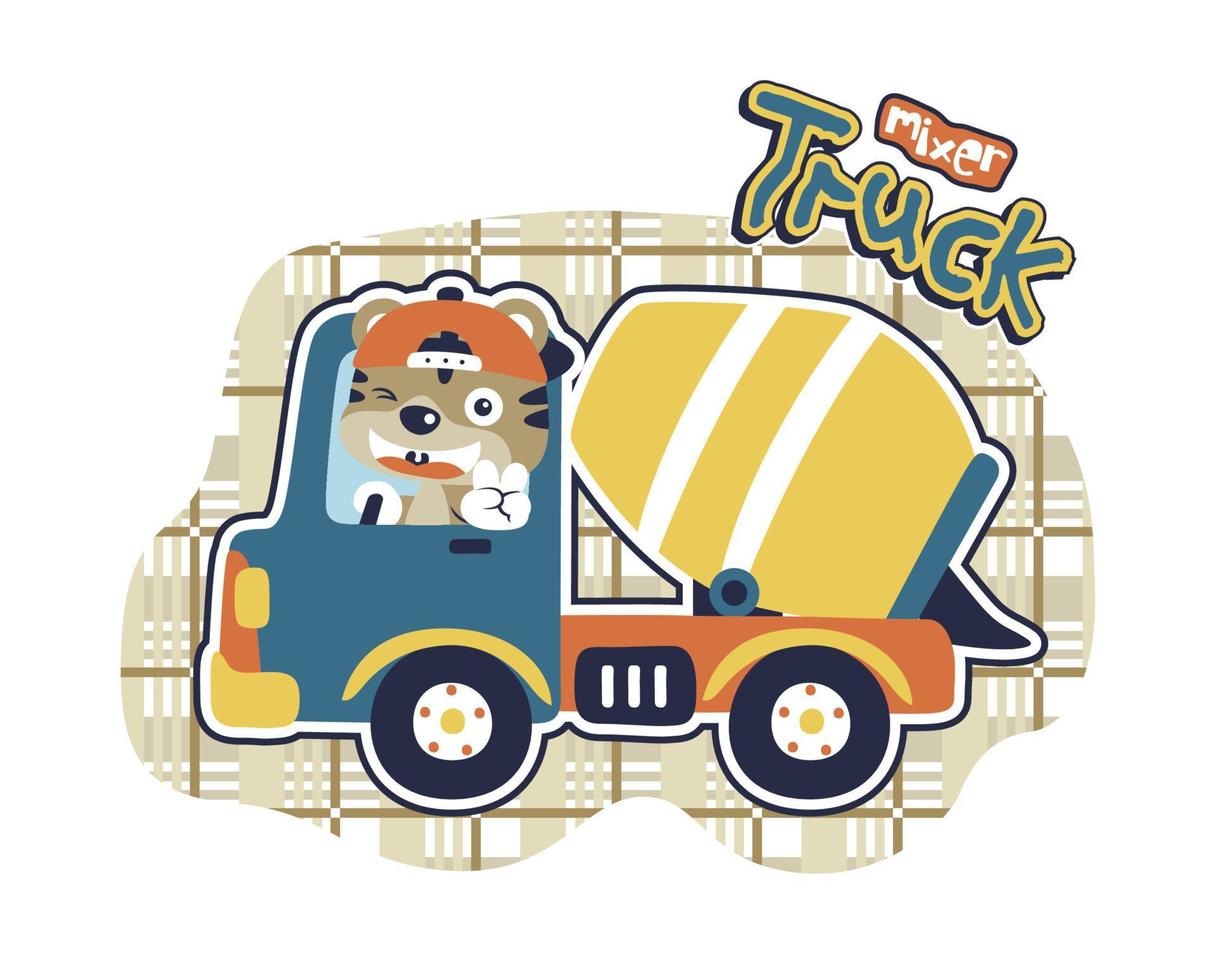 funny cat driving mixer truck, vector cartoon illustration