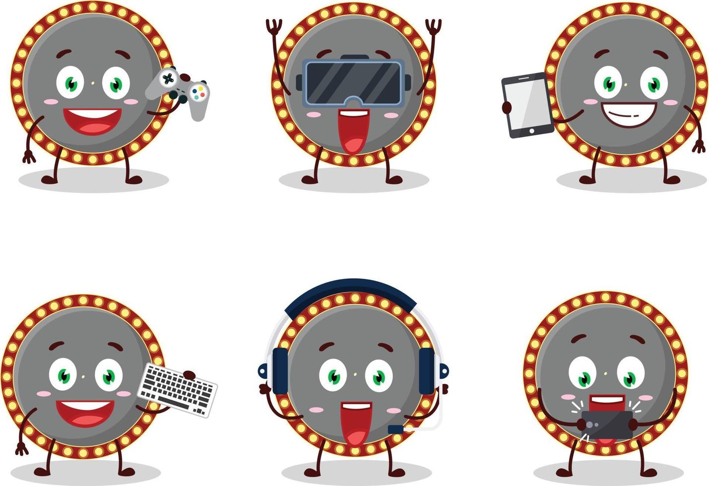 Neon billboard cartoon character are playing games with various cute emoticons vector