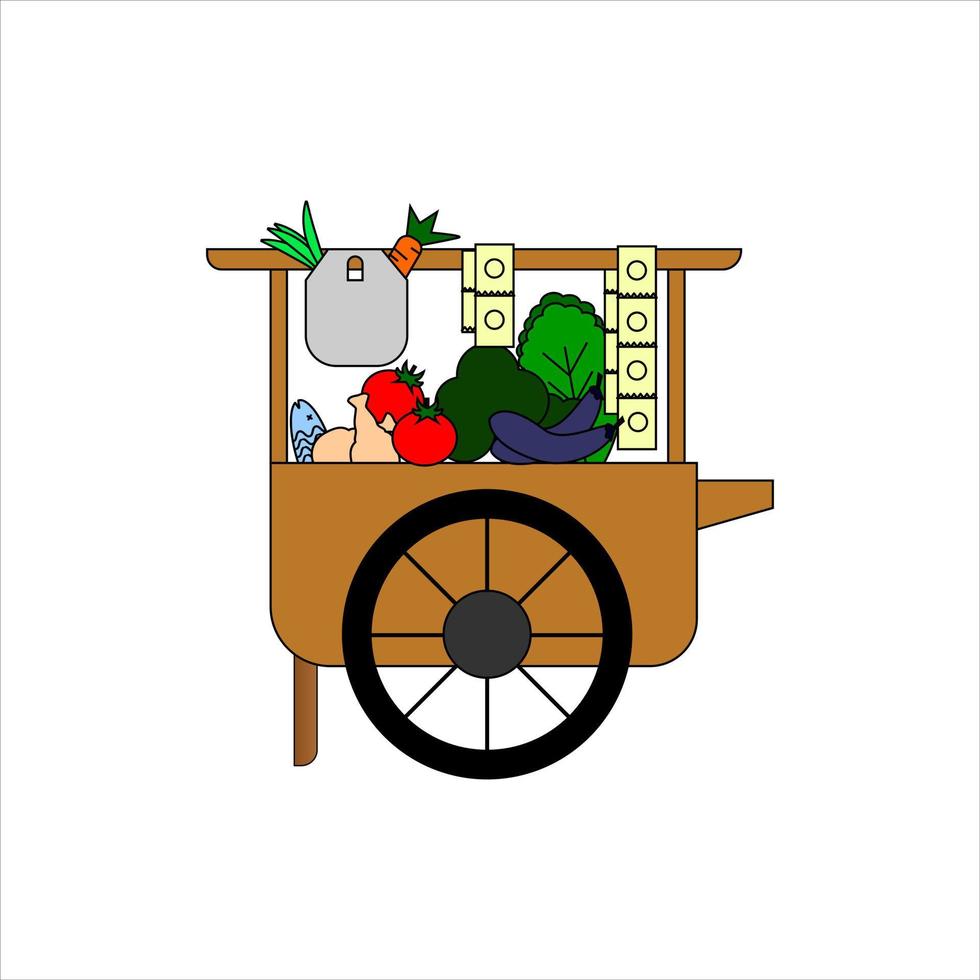 Flat vegetable cart vector icon illustration. A wooden vegetable cart filled with various vegetables and meat