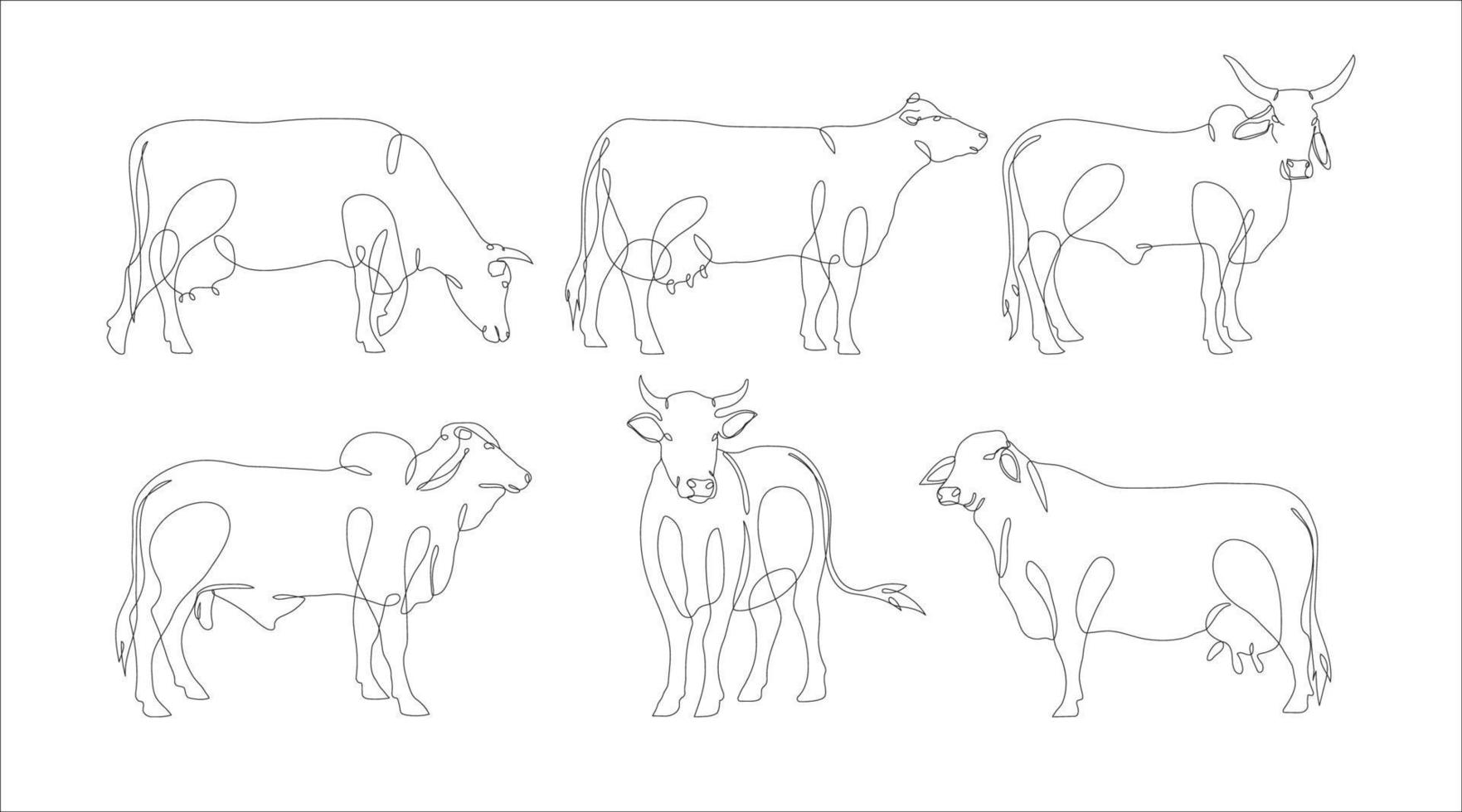 Set of Cow in continuous line art drawing style. Continuous line drawing collection of cattle. Cow in abstract and minimalist linear icon set. Vector illustration