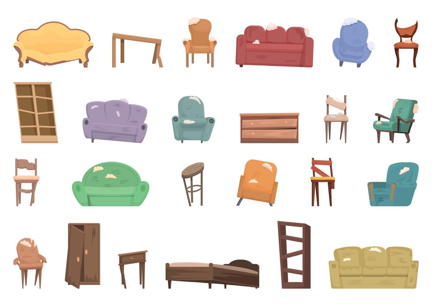 Broken furniture icons set cartoon vector. Interior room vector