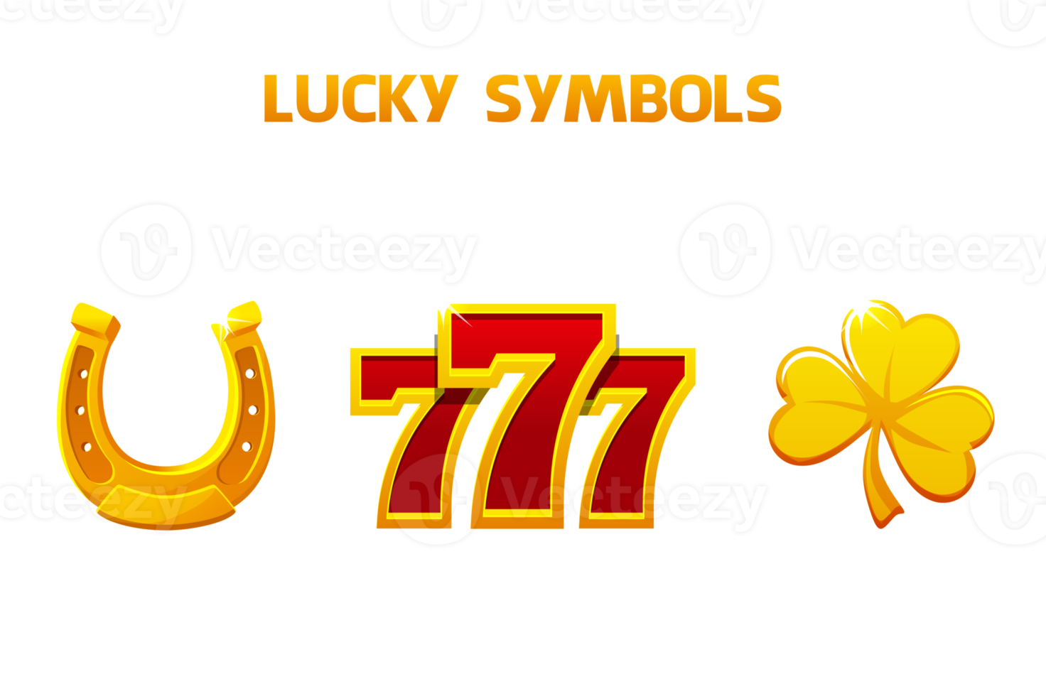 Lucky symbolen - zeven, Klaver en hoefijzer. gouden pictogrammen voor slots en casino spel. ui element voor pot in gokken. png
