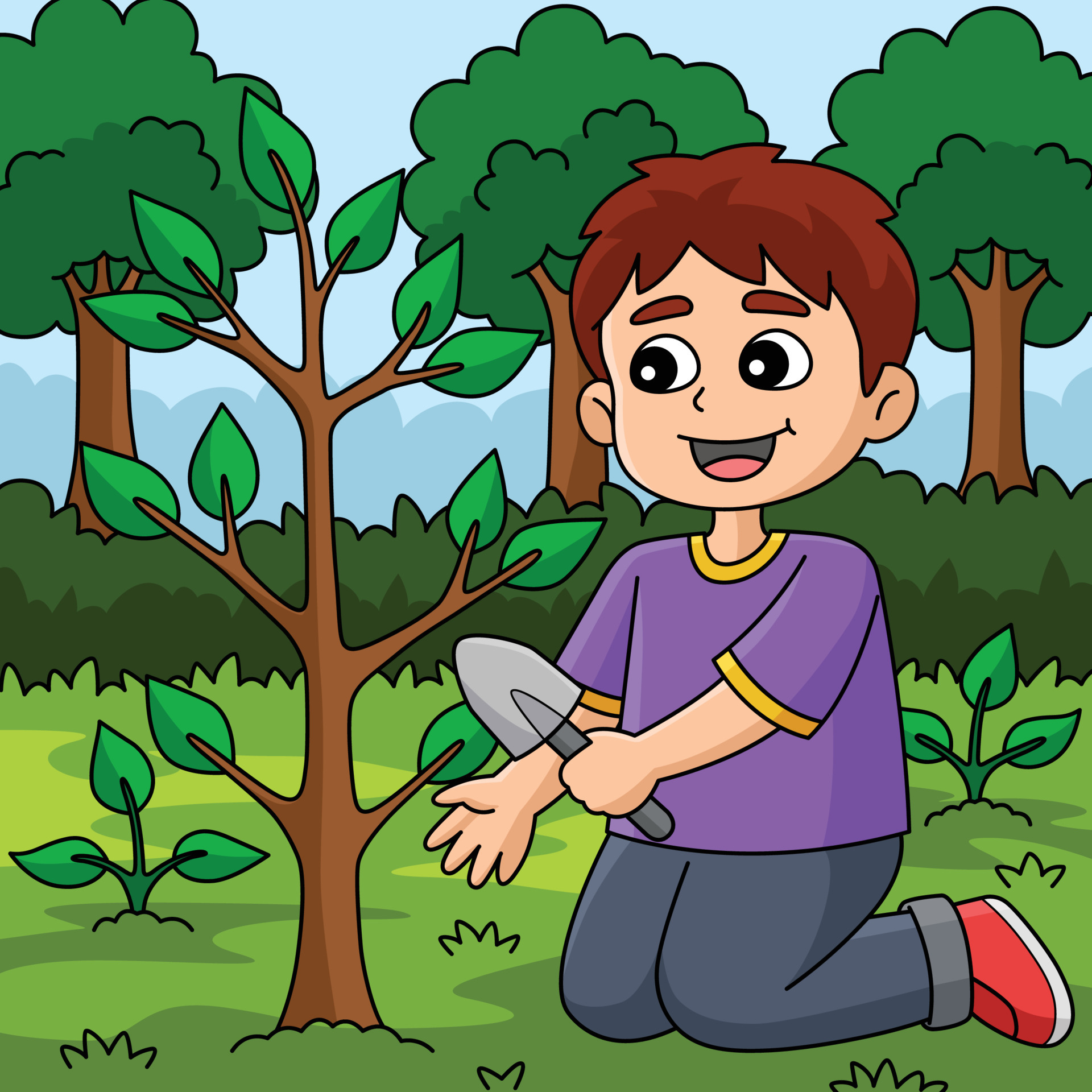 Boy Planting Trees Colored Cartoon Illustration 21501594 Vector Art at ...