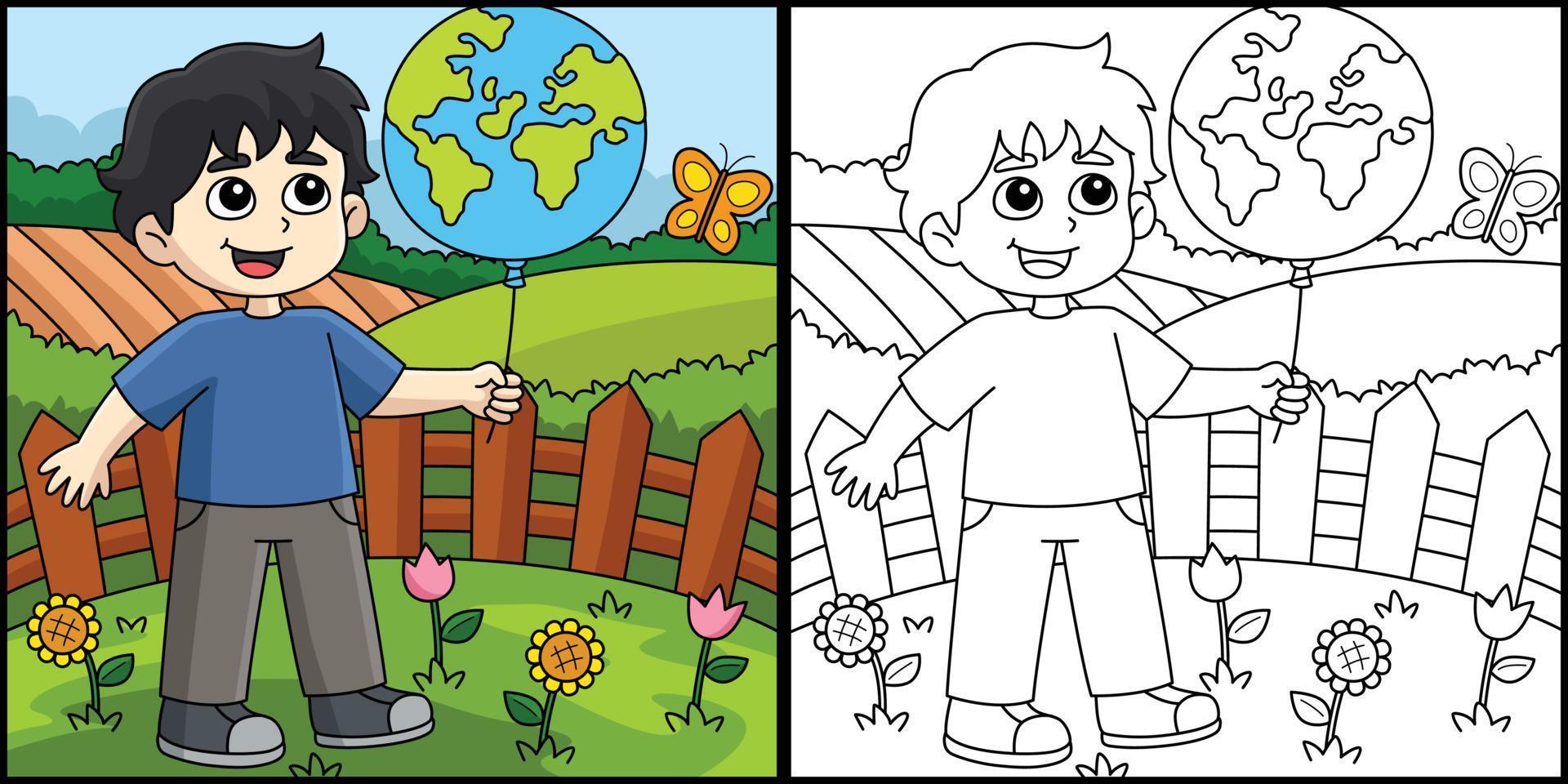 Boy Holding an Earth Balloon Coloring Illustration vector