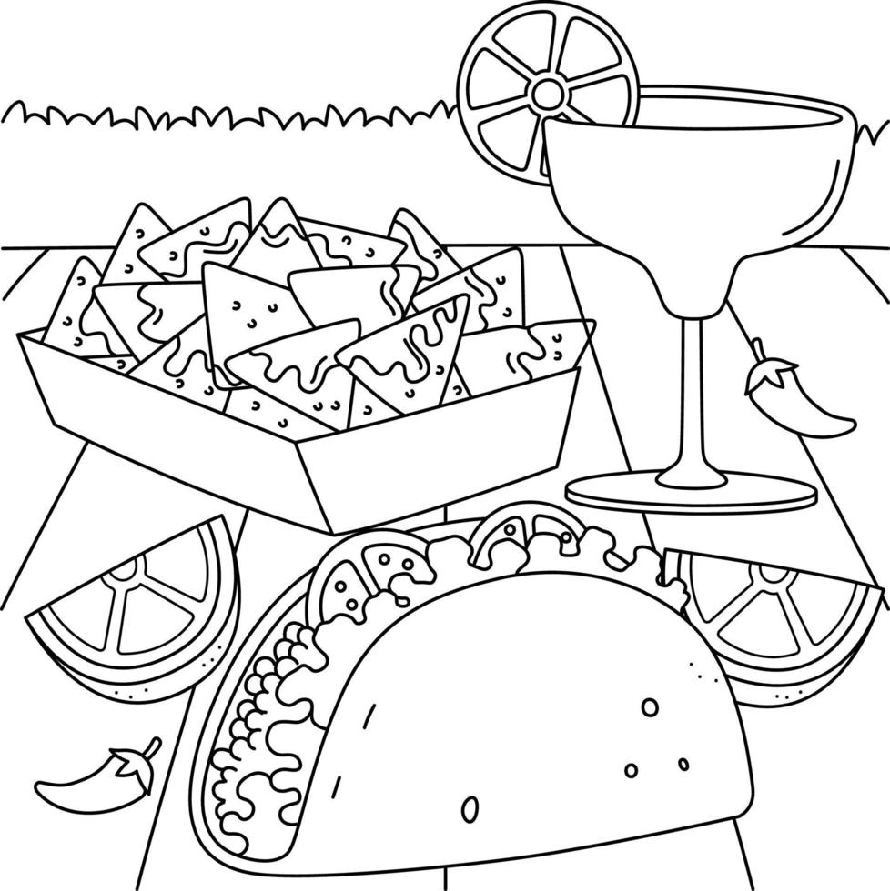 Cinco de Mayo Taco Nachos Margarita Coloring Page vector