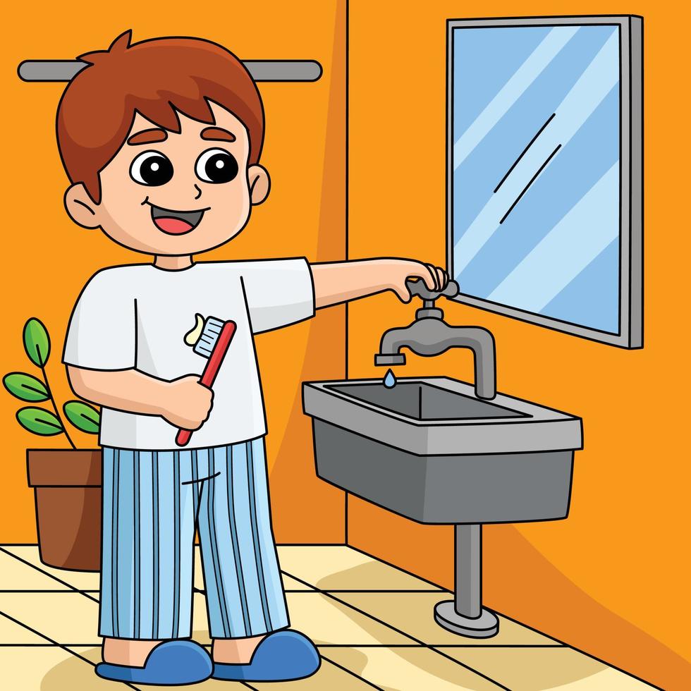 Boy Conserving Water Colored Cartoon Illustration vector