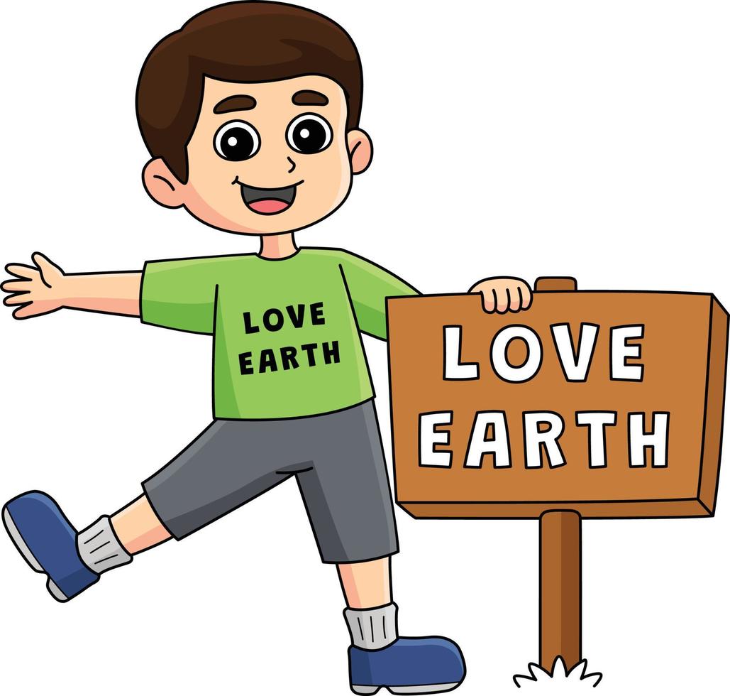 Boy Holding a Love Earth Sign Cartoon Clipart vector