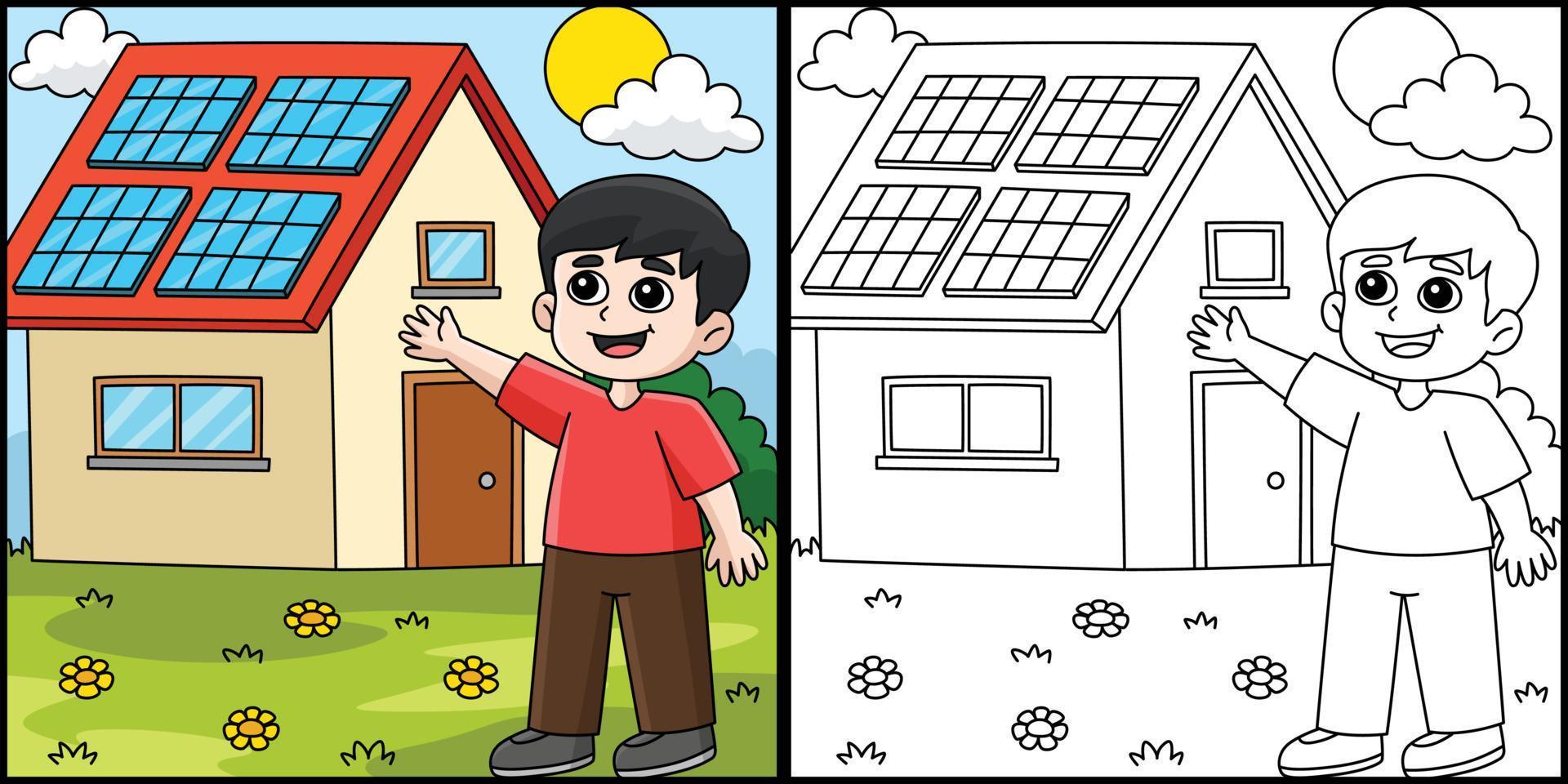 chico con un solar panel casa colorante ilustración vector