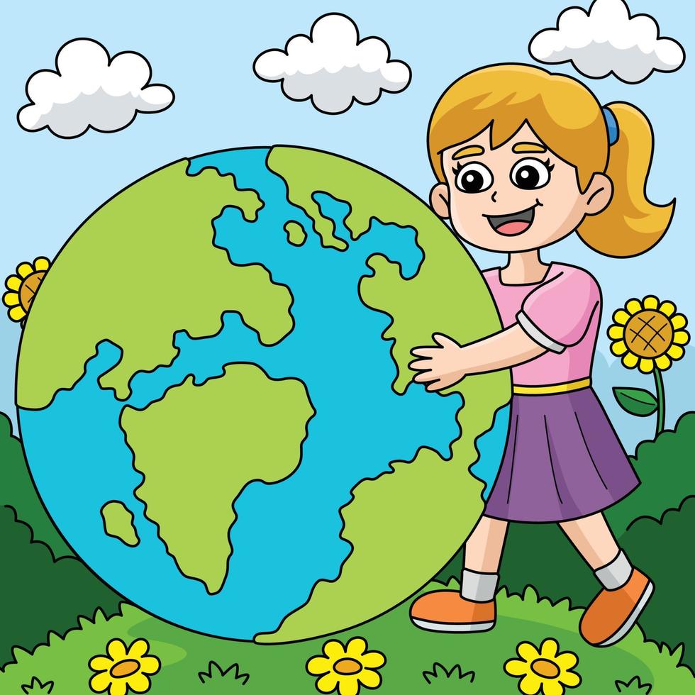 Girl Holding Earth Colored Cartoon Illustration vector