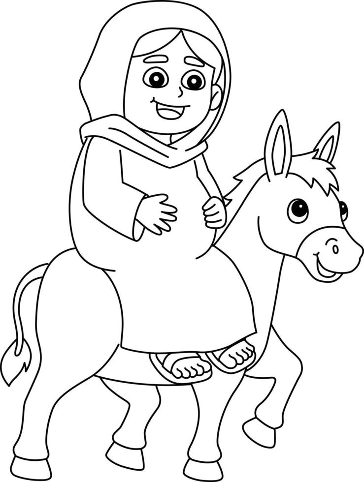 Mary and the Donkey Isolated Coloring Page vector