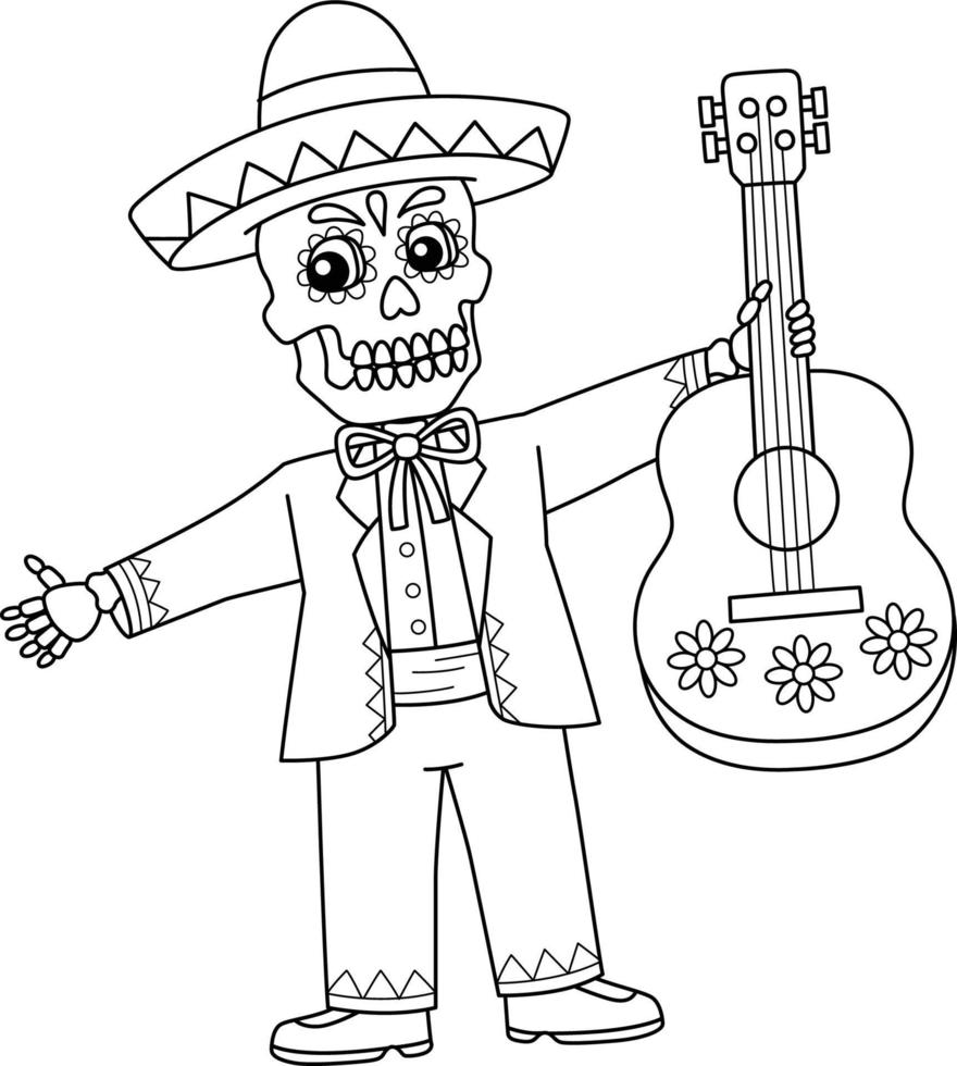 Mexican Mariachi Skeleton Isolated Coloring Page vector
