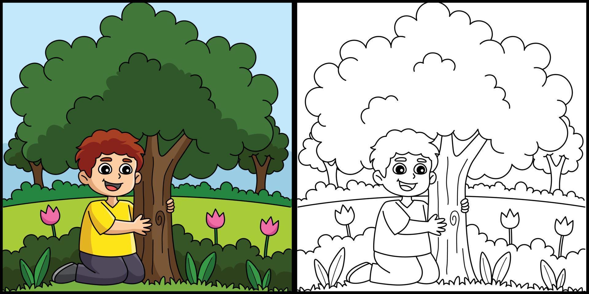 Boy Hugging a Tree Coloring Page Illustration vector