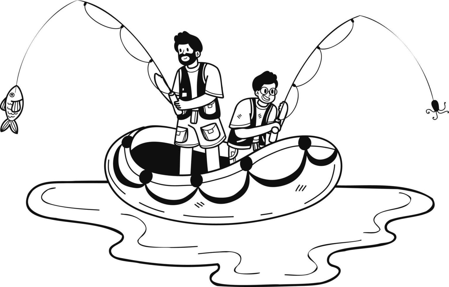 father and son fishing on a boat illustration in doodle style vector