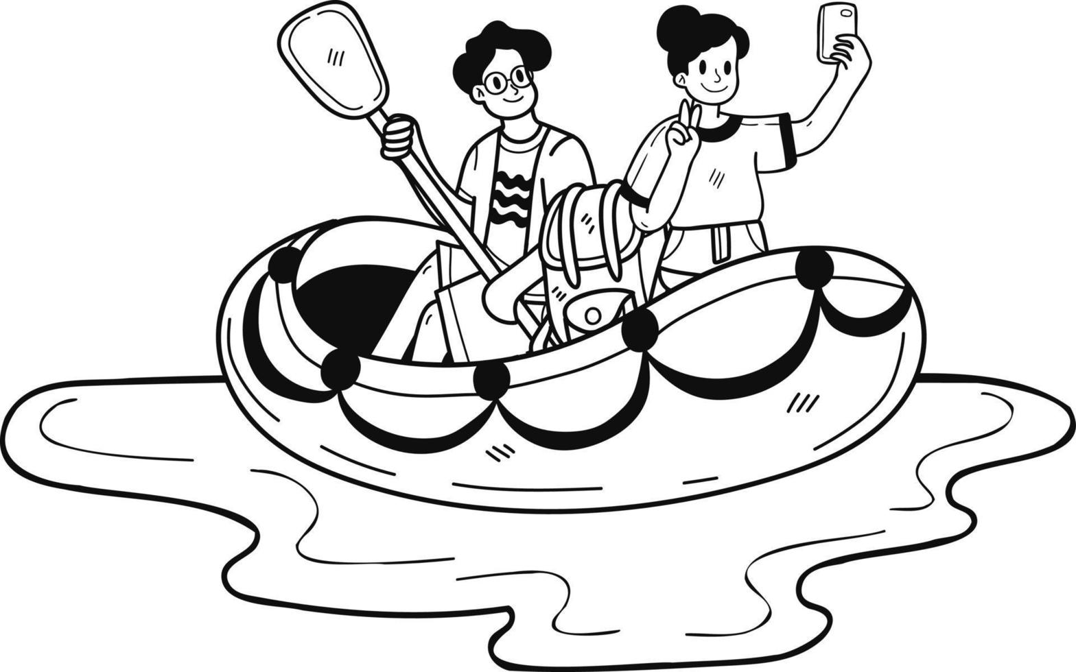 couple taking selfie on boat illustration in doodle style vector