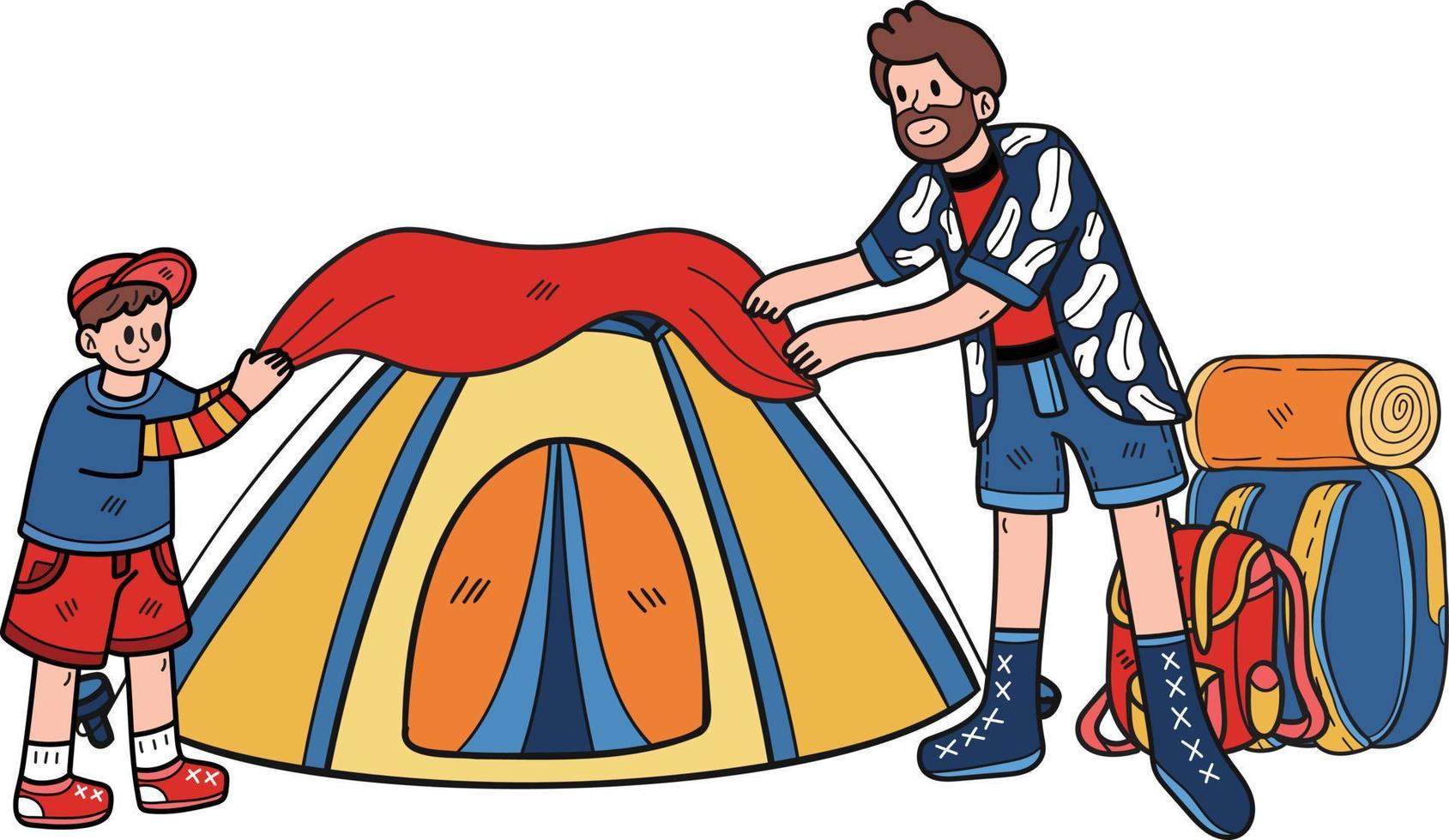 family helping to set up a tent for camping illustration in doodle style vector