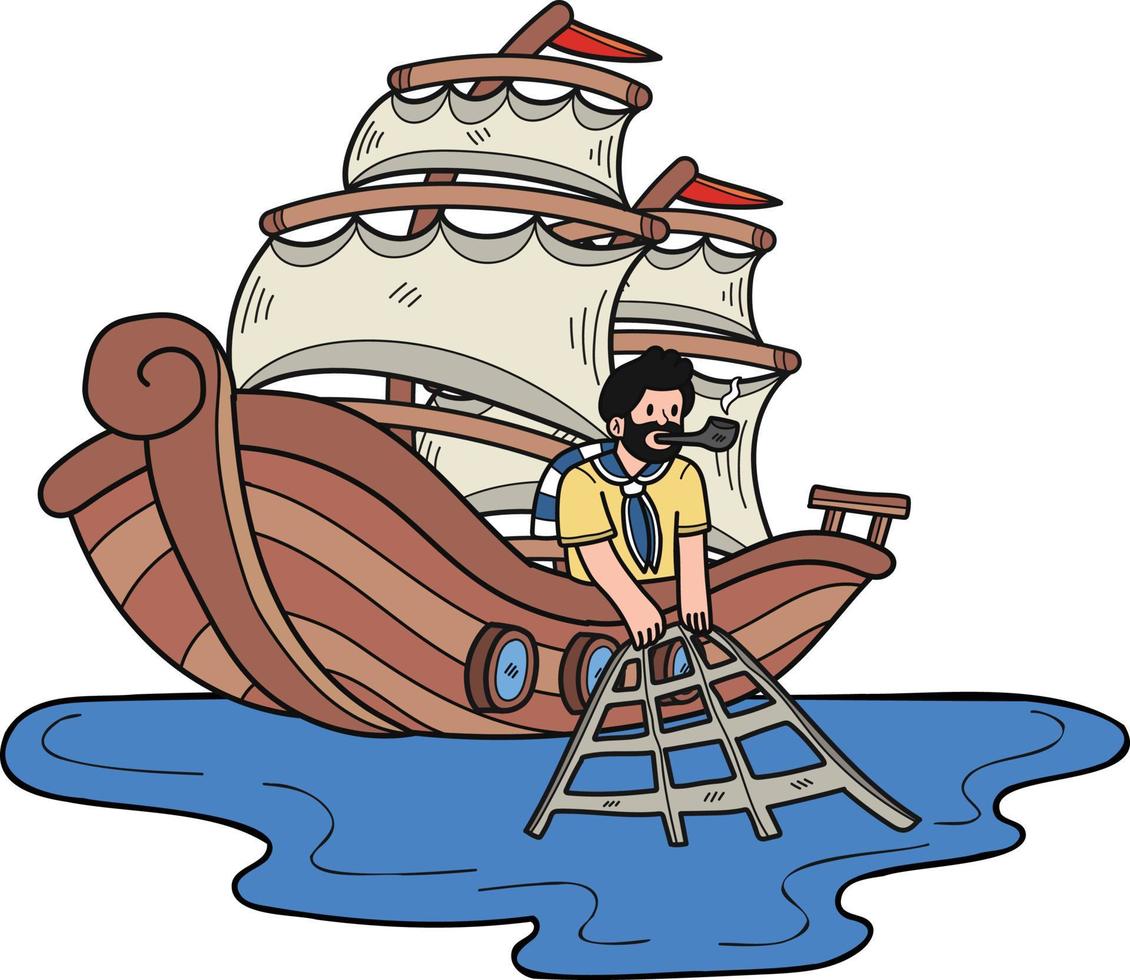 Fishermen are catching fish in the sea illustration in doodle style vector