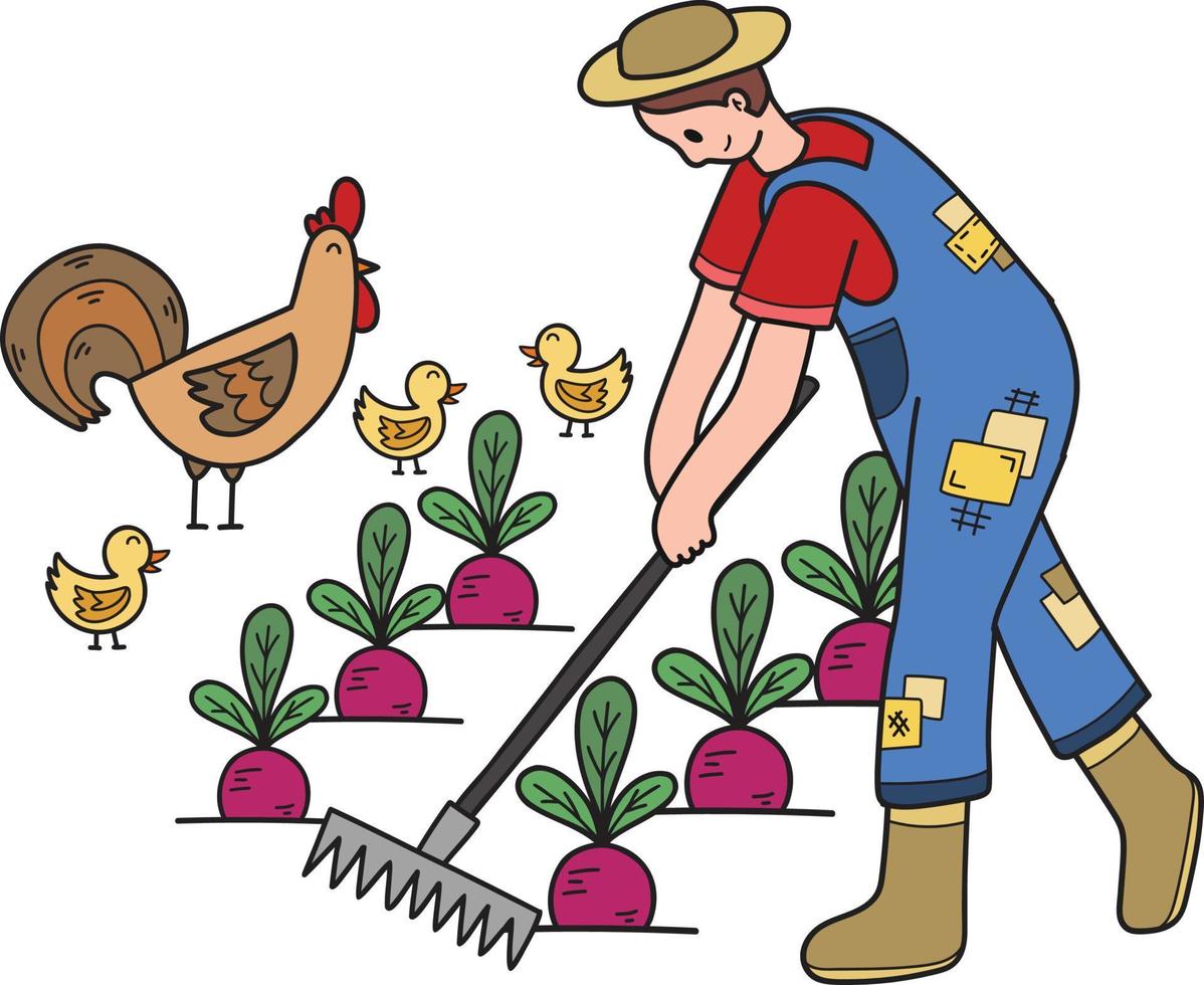 gardener planting vegetables illustration in doodle style vector