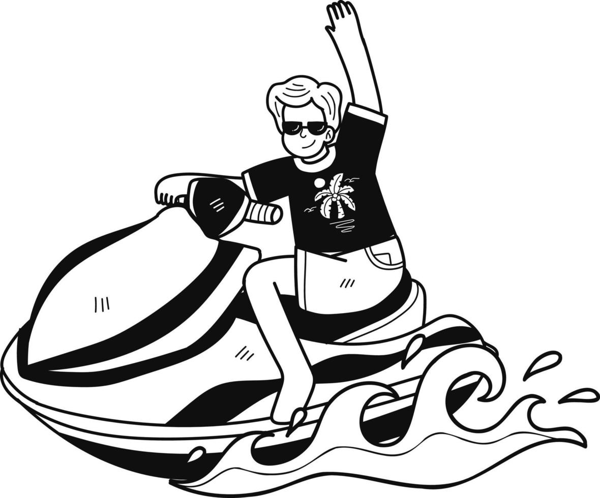 Tourists are playing jet skis in the sea illustration in doodle style vector