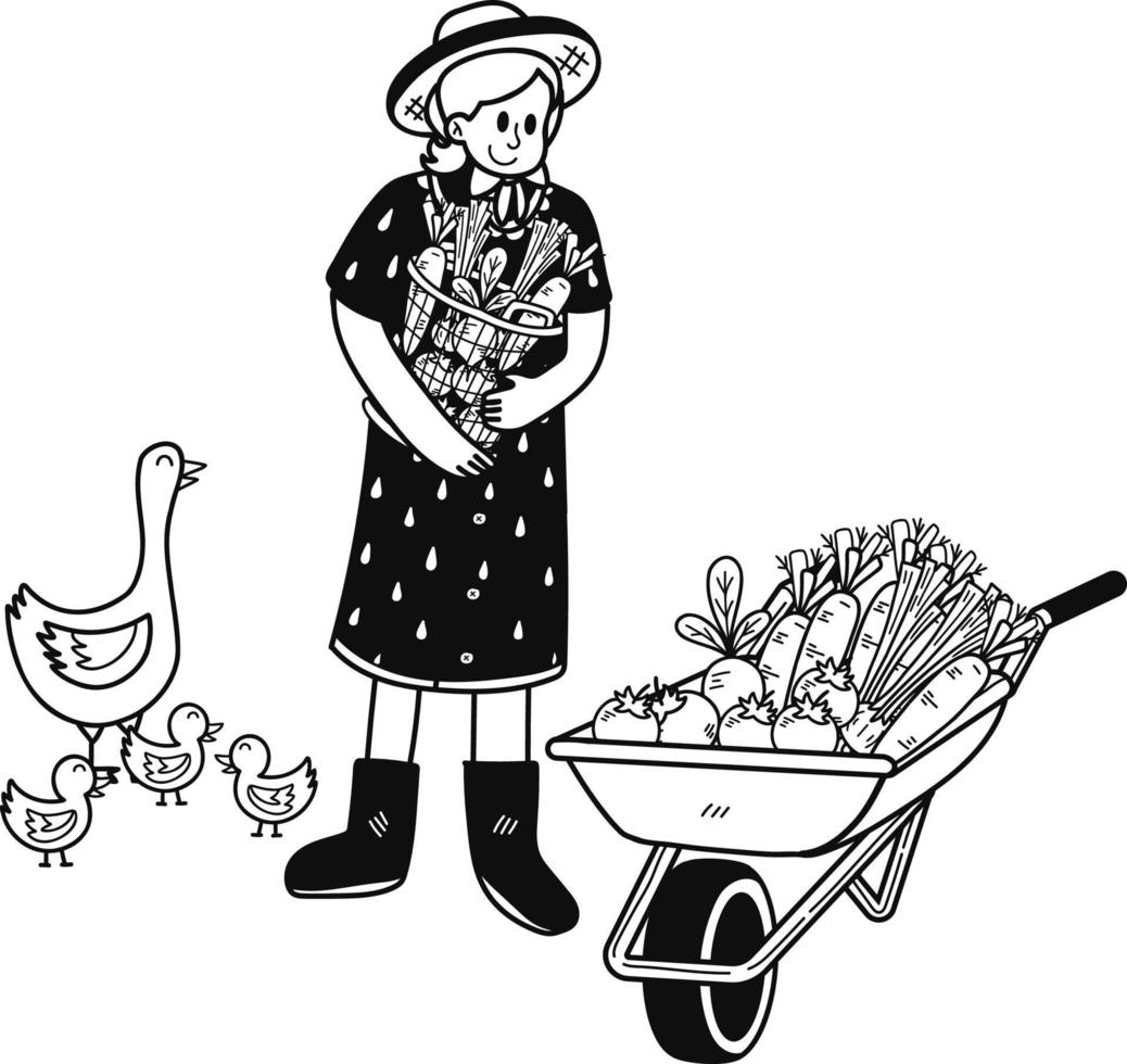 jardinero con un carro con vegetales ilustración en garabatear estilo vector
