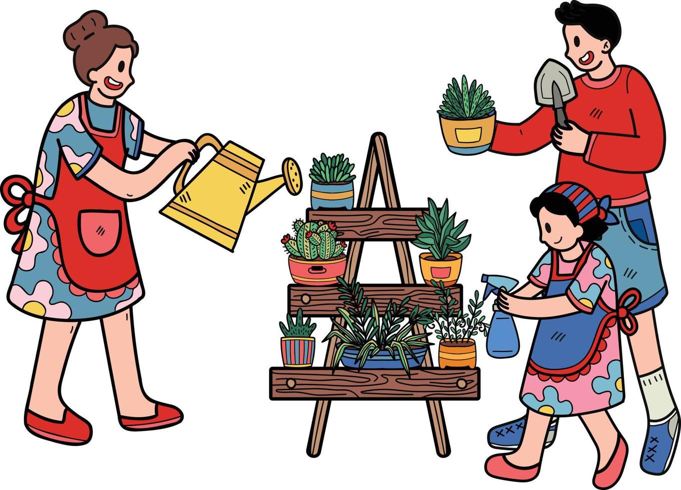 Family helping to care for the plants in pots illustration in doodle style vector