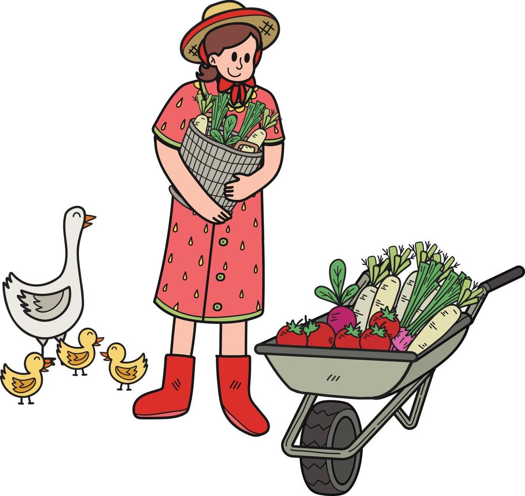 Gardener with a cart with vegetables illustration in doodle style vector