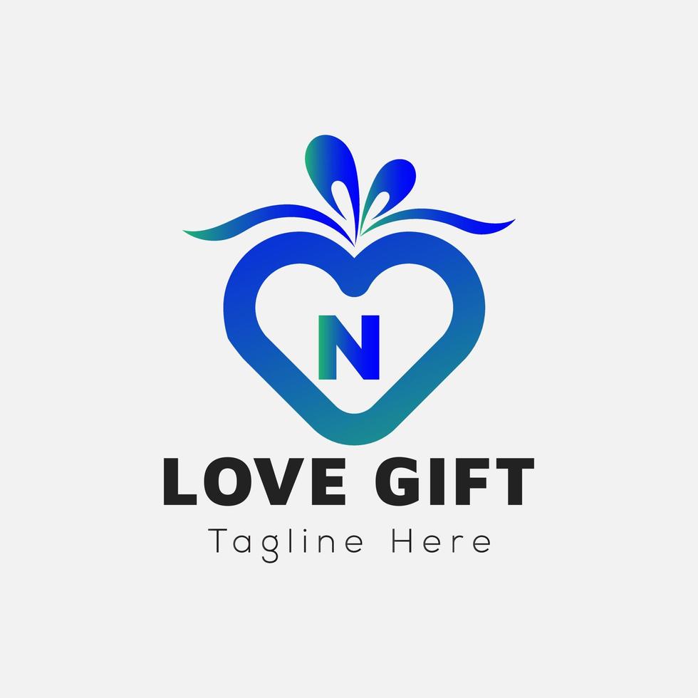 Love Gift Logo On Letter N Template. Gift On N Letter, Initial Gift Sign Concept vector