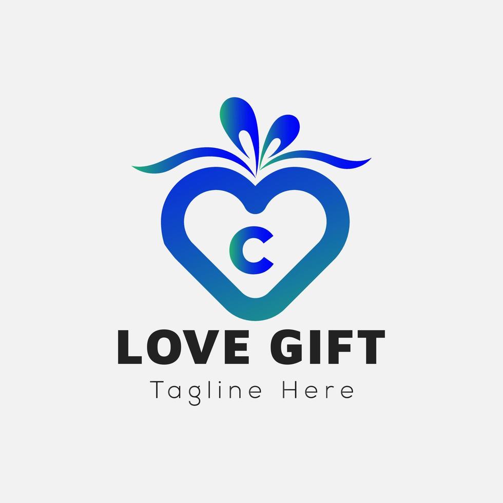 Love Gift Logo On Letter C Template. Gift On C Letter, Initial Gift Sign Concept vector