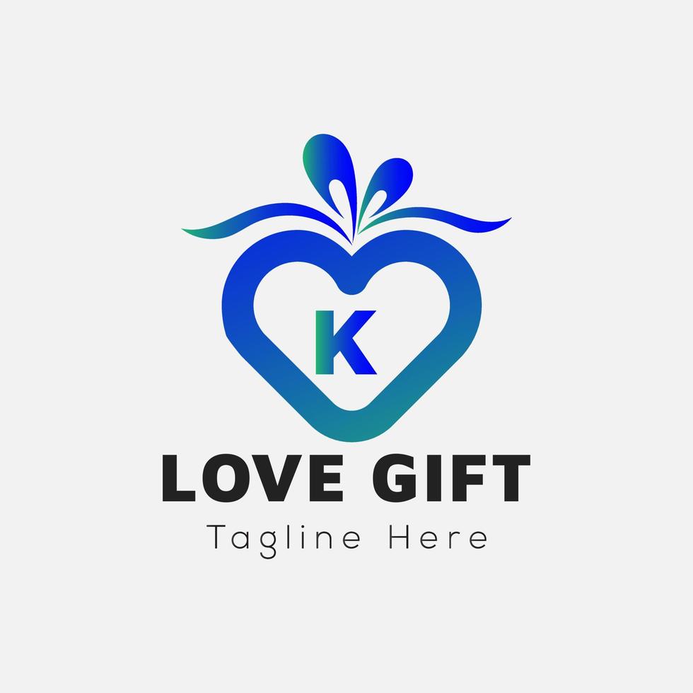 Love Gift Logo On Letter K Template. Gift On K Letter, Initial Gift Sign Concept vector