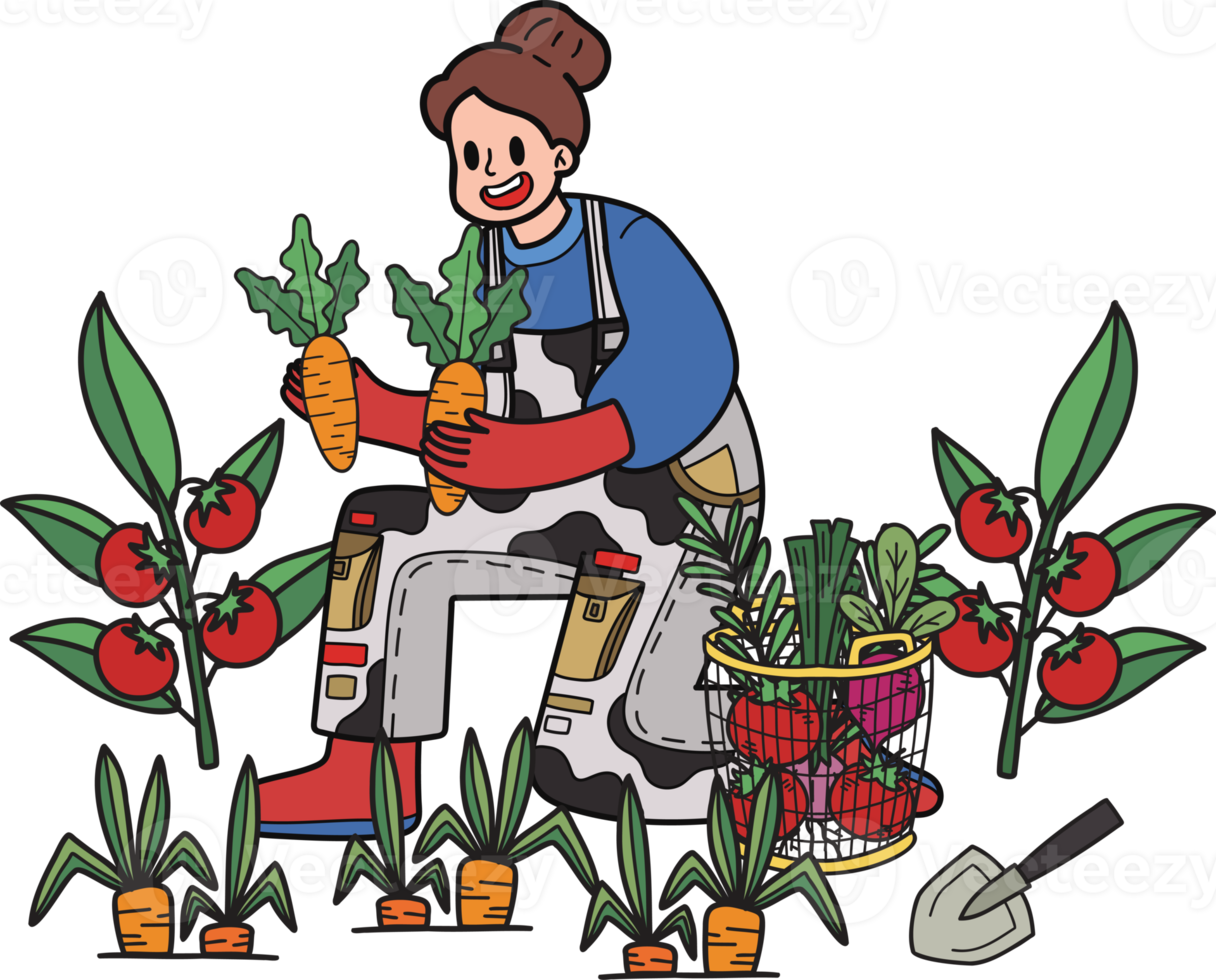 Female gardener planting carrots illustration in doodle style png