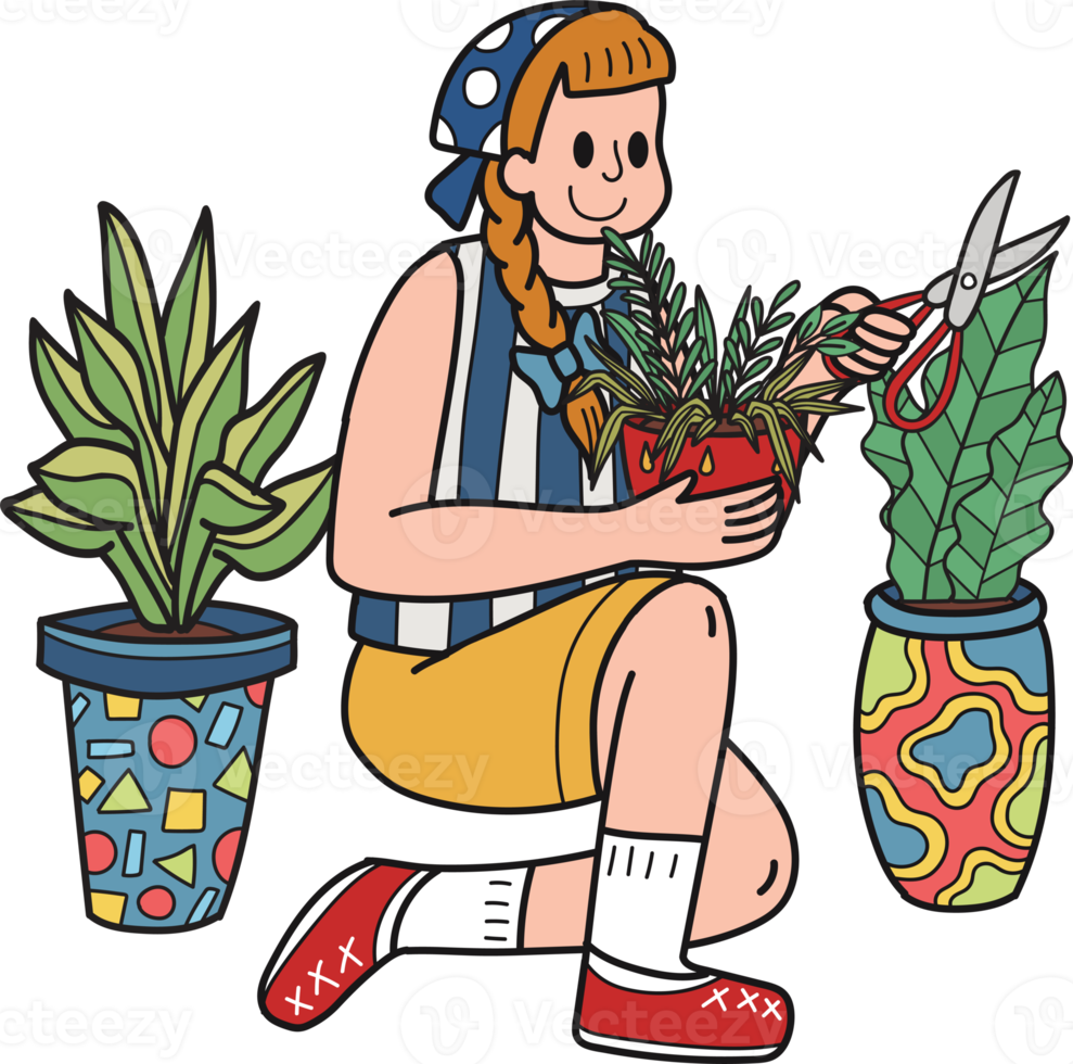 Young woman planting plants in pots illustration in doodle style png