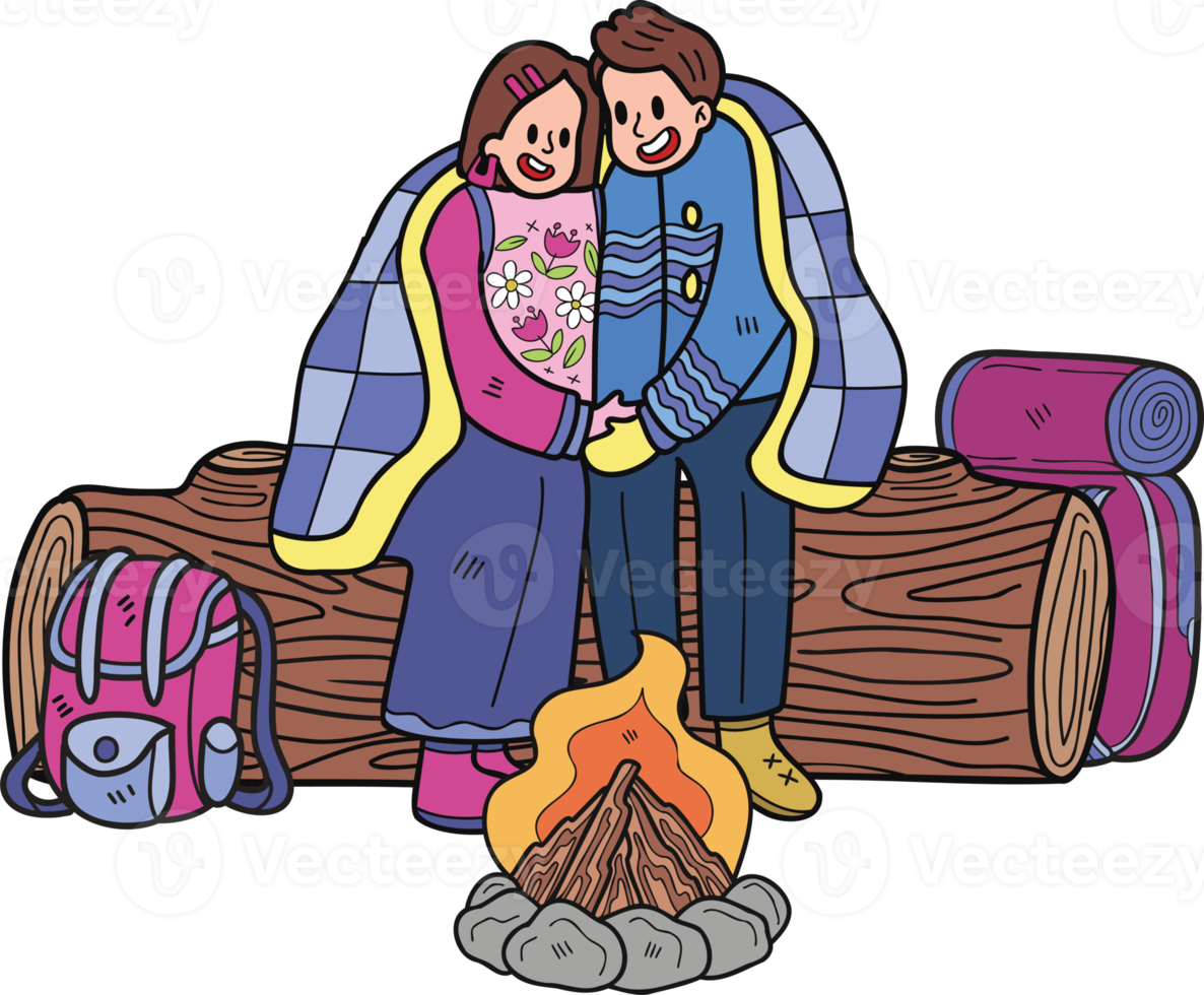 couple with campfire illustration in doodle style png