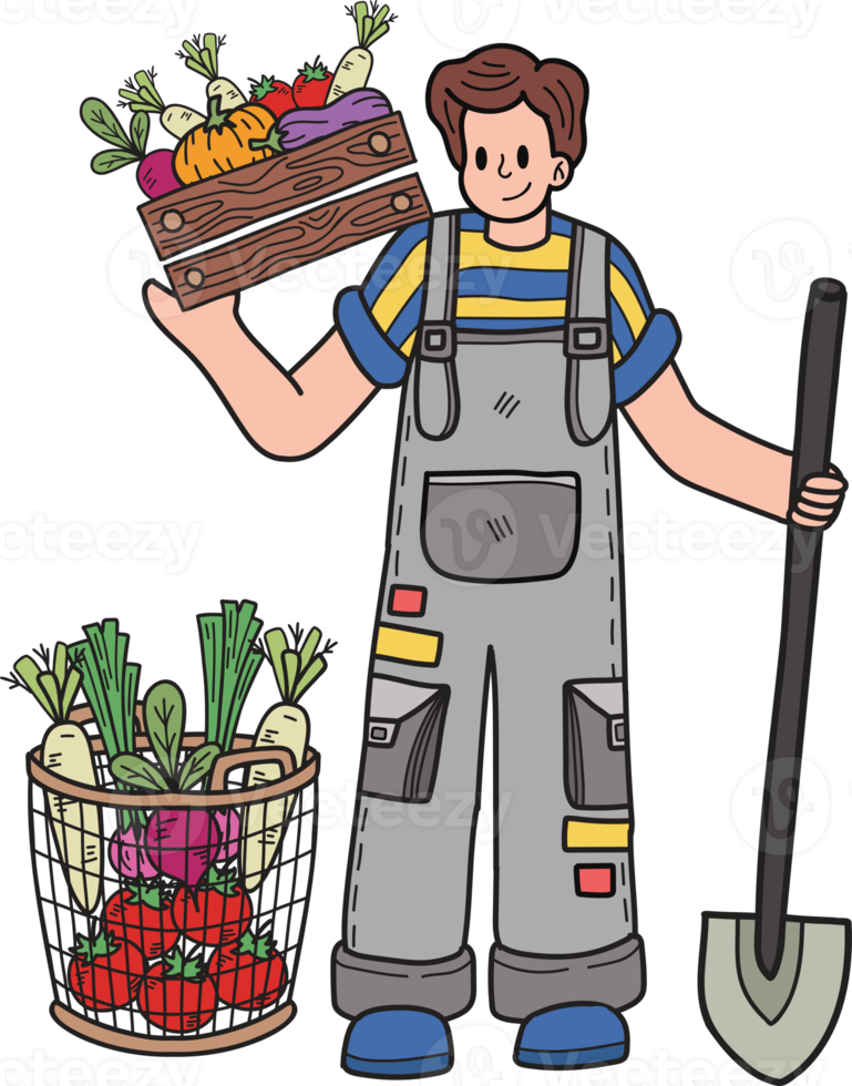 gardener planting vegetables illustration in doodle style png