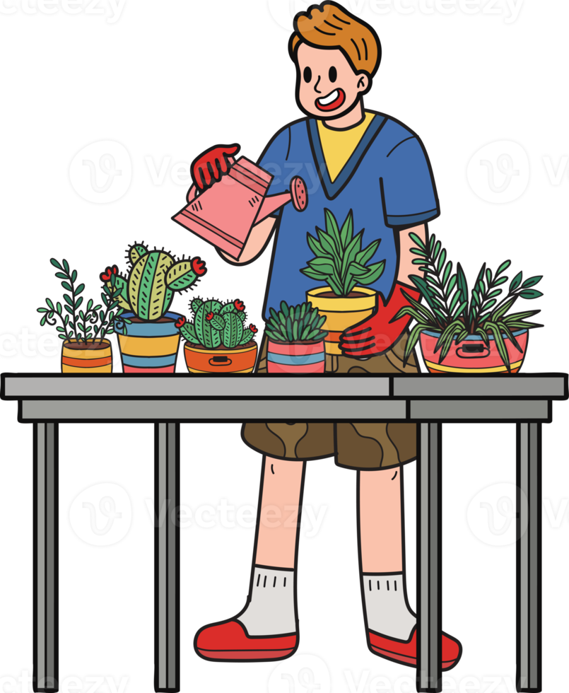 Young males watering plants in pots illustration in doodle style png