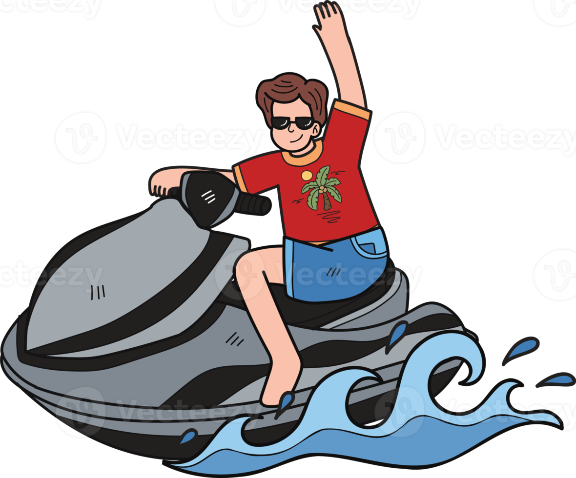 Tourists are playing jet skis in the sea illustration in doodle style png