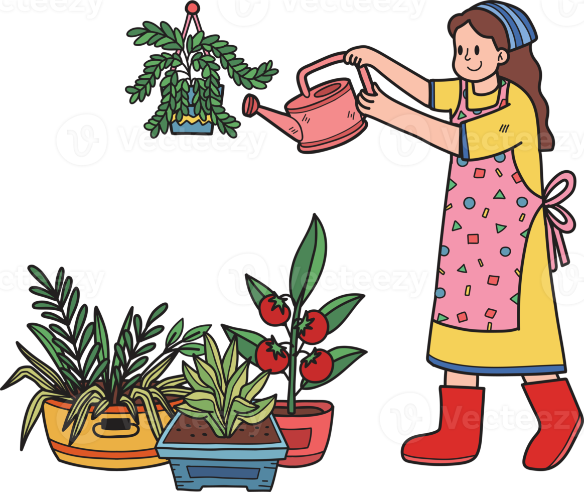 young woman watering plants illustration in doodle style png