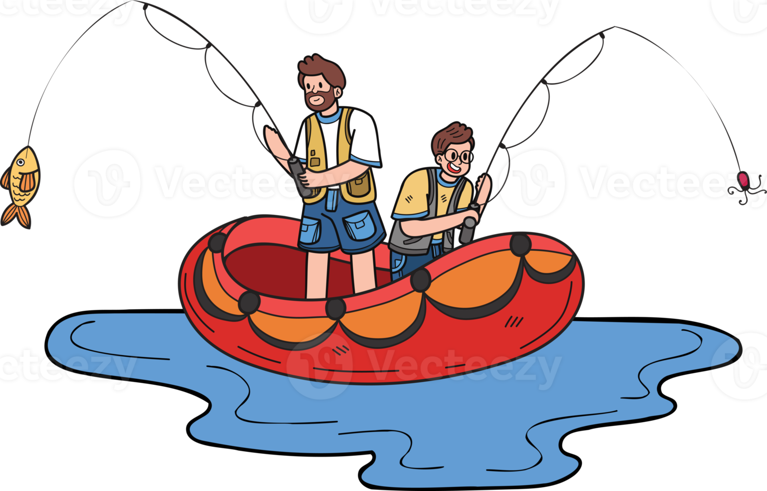 father and son fishing on a boat illustration in doodle style png