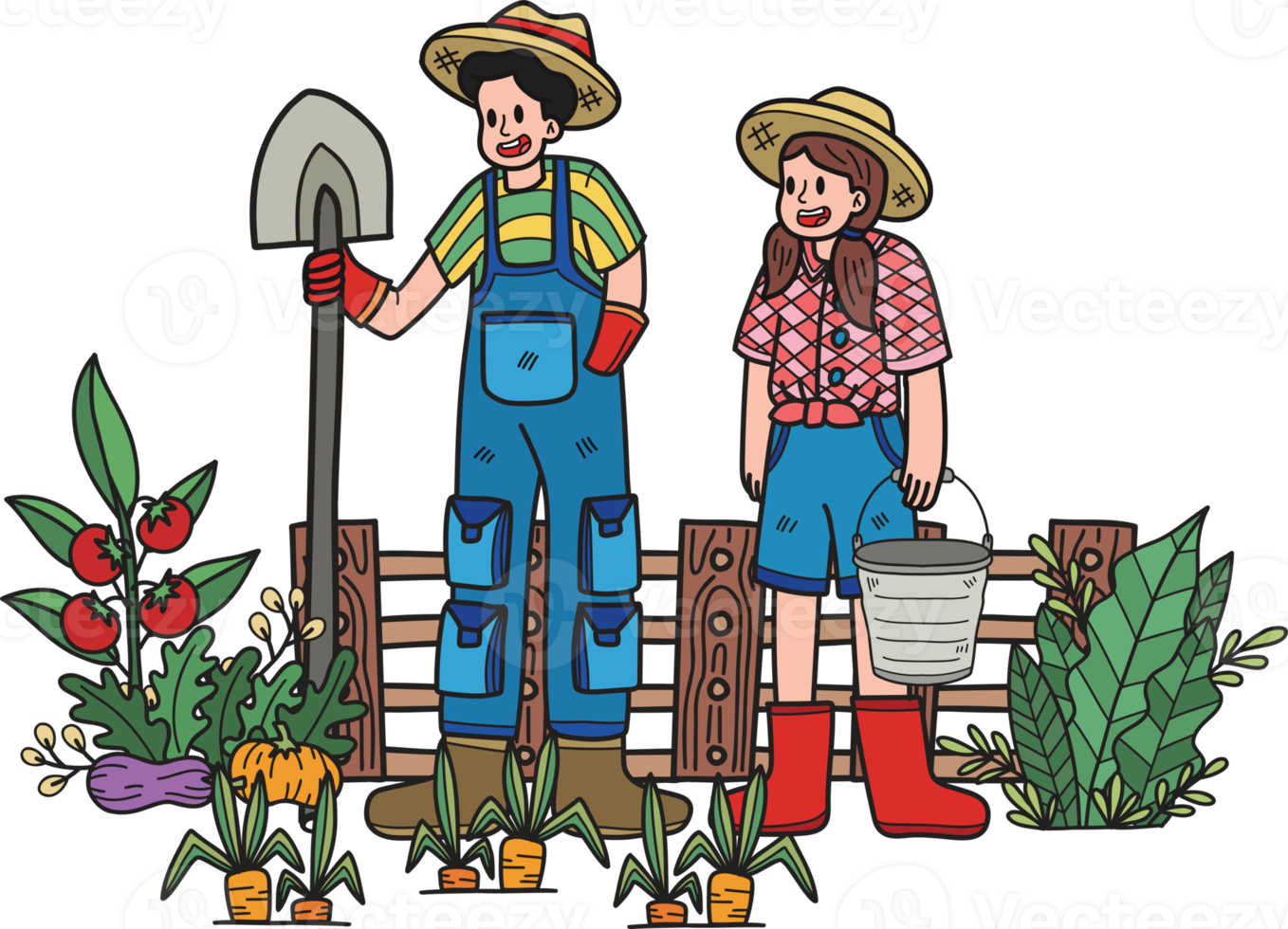 gardener planting vegetables illustration in doodle style png