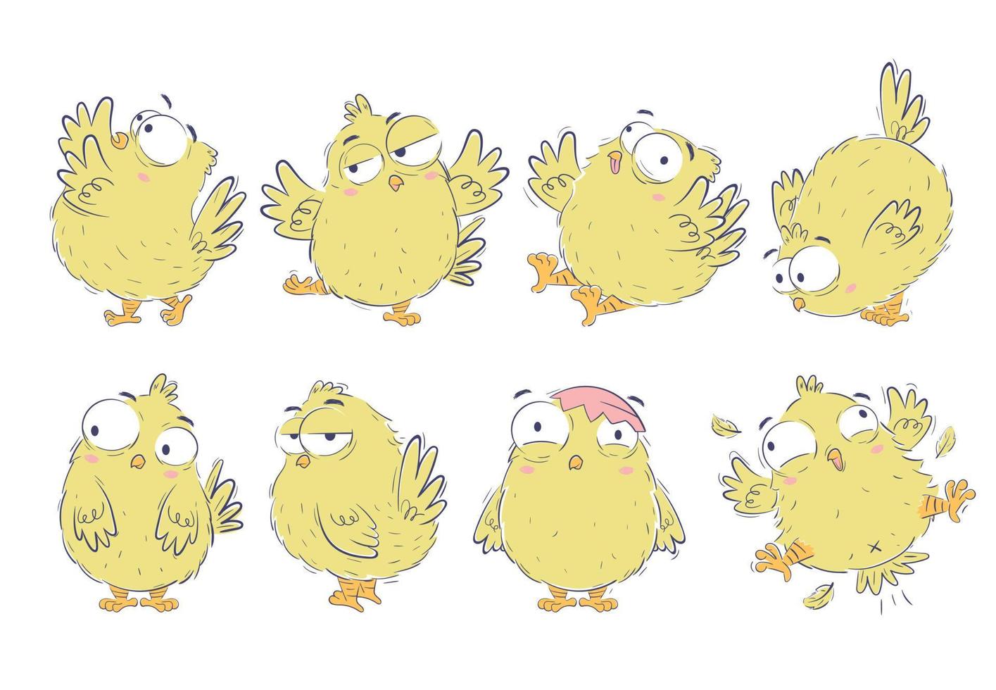 Clipart collection of funny cartoon chickens in doodle sketch style. Hand drawn cute chicken set. vector