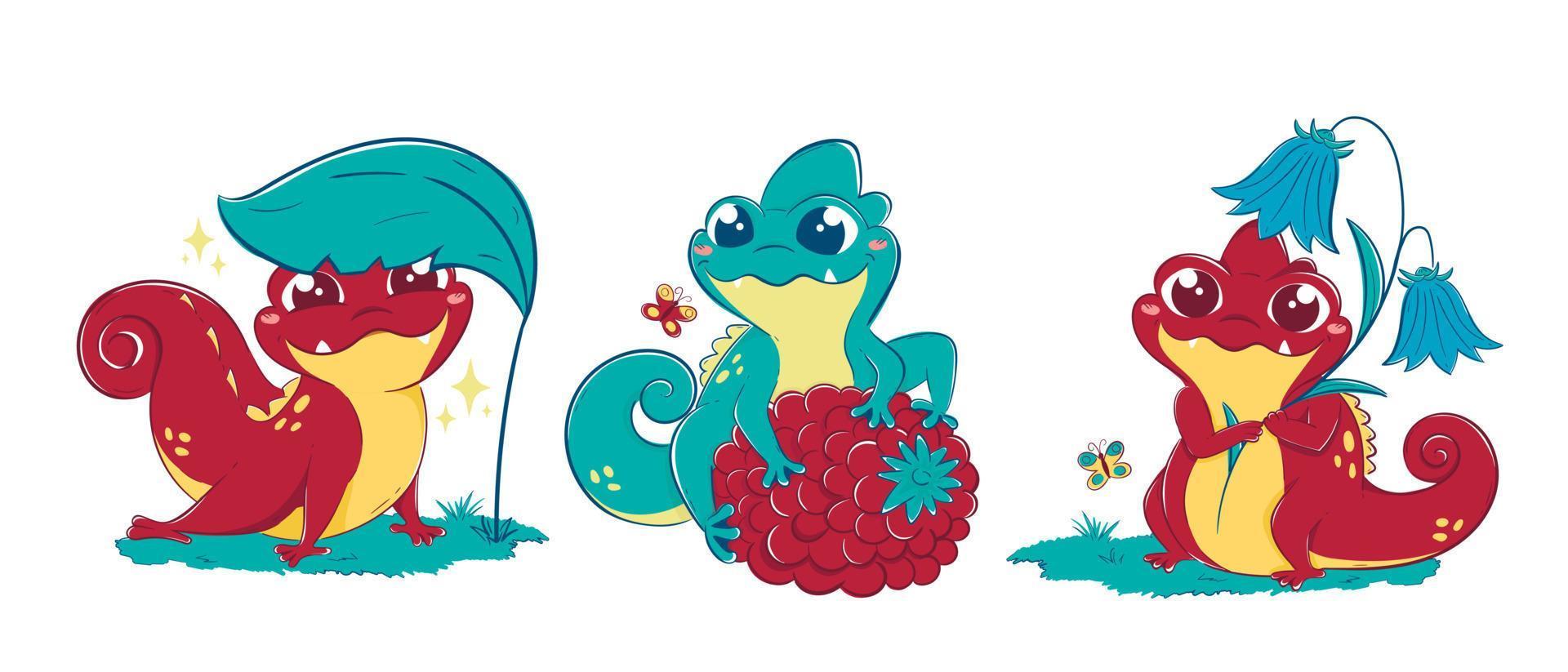 Clipart collection with cute lizards in different poses with greens and fruits, butterflies around. Brightly colored vector children's drawing