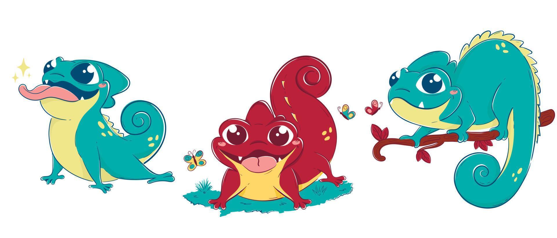 Clipart collection with cute lizards in different poses with greens and fruits, butterflies around. Brightly colored vector children's drawing