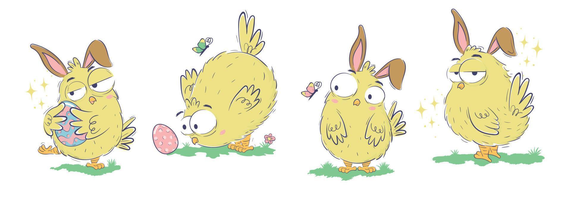 Clipart collection of funny chicks with easter eggs and bunny ears in doodle sketch style. Hand drawn horizontal banner with funny domestic birds vector