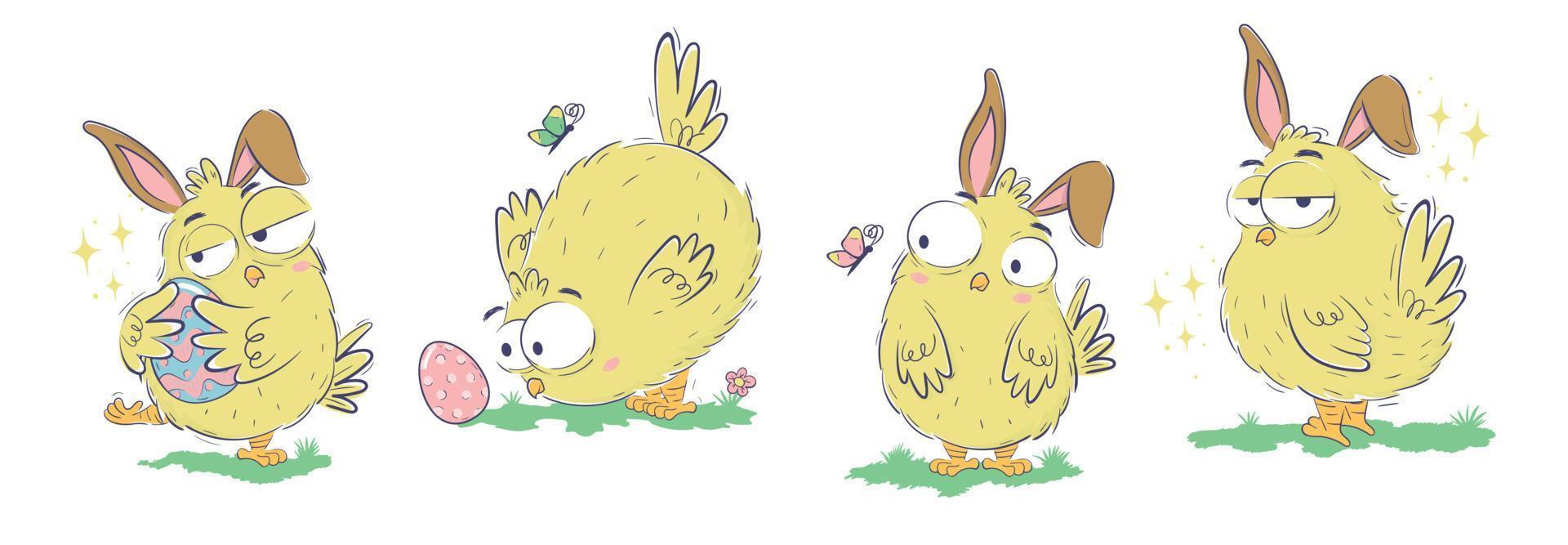 Clipart collection of funny chicks with easter eggs and bunny ears in doodle sketch style. Hand drawn horizontal banner with funny domestic birds vector