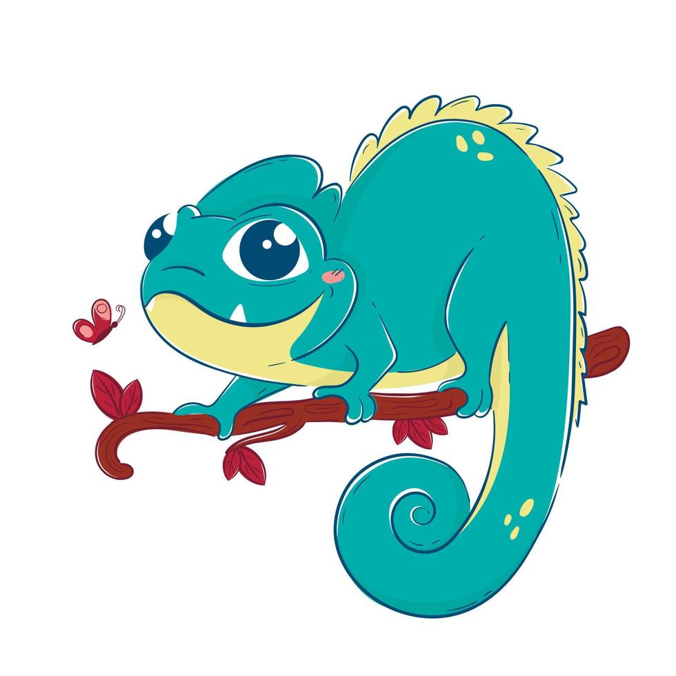 Kawaii green cartoon lizard sitting on a branch vector